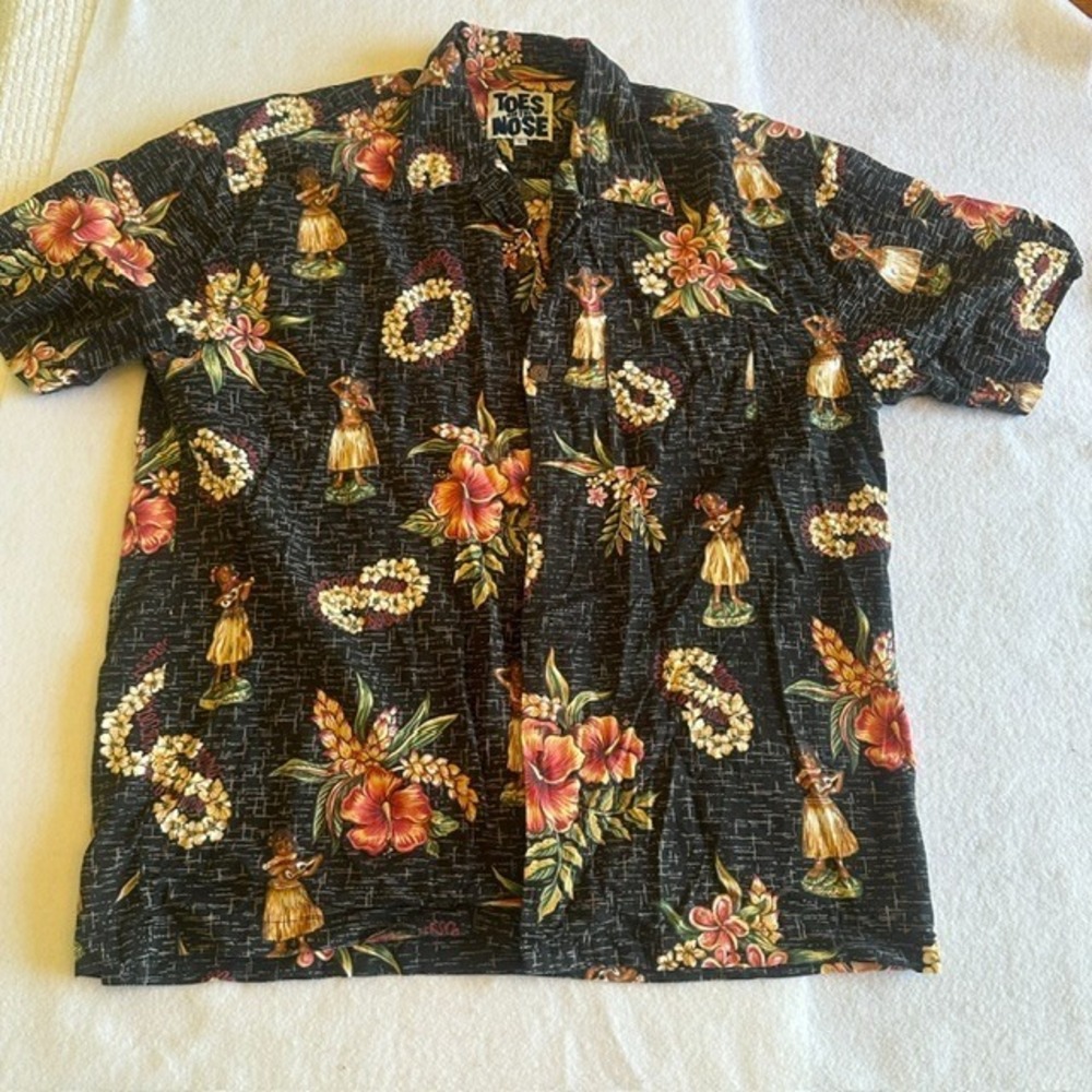 Vintage Toes on the Nose Hawaiian Shirt Mens XL Black Hula Girl Hibiscus Floral
